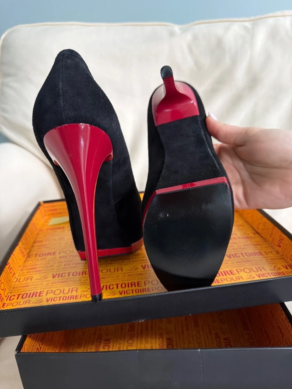 Pour LaVictoire Black Suede Heels with Red Soles - Picture 2 of 3